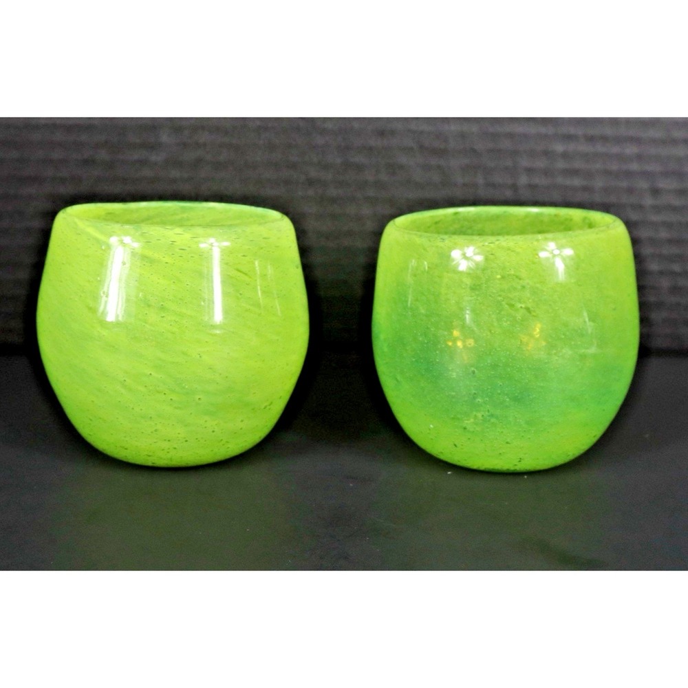 Lime Green Hand Blown Glass Tumblers W Controlled Bubbles - EUC Crate & Barrel C